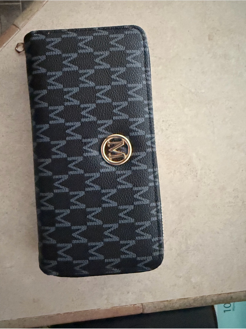 Michael Kors Black Patterned Zip Wallet with Gold MK Emblem